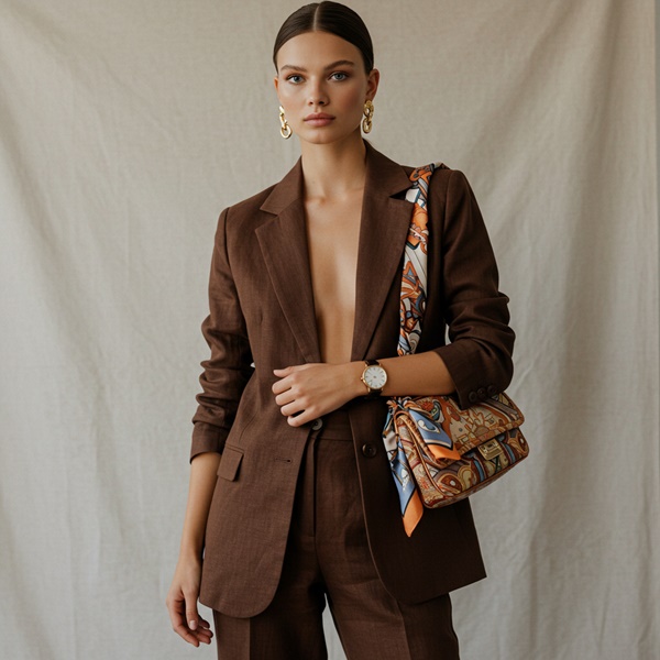 Traje de lino marrón chocolate con accesorios coloridos