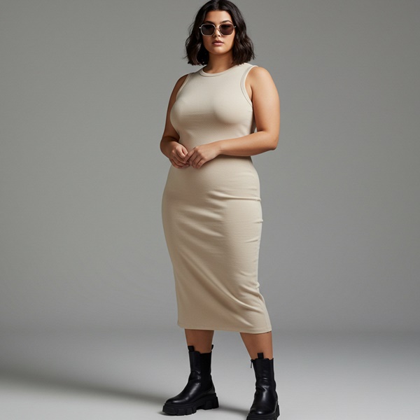 Mujer con vestido gris claro y botas chunky negras estilo Quiet Edge