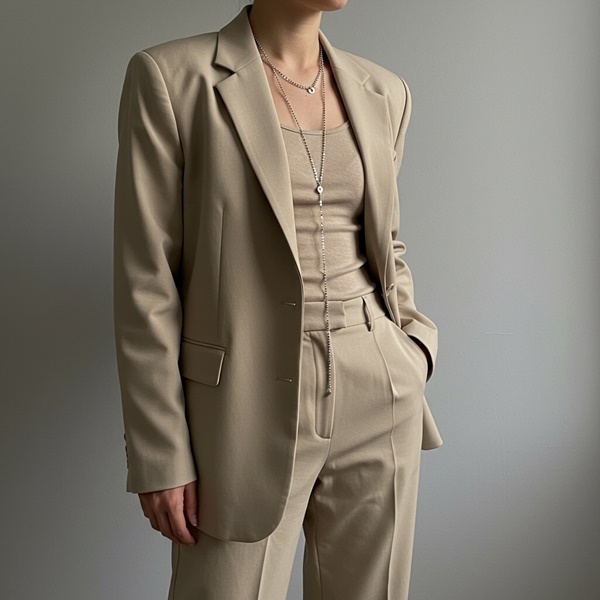 Outfit monocromático con collar largo XL en contraste