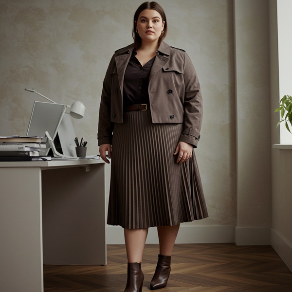 Cropped trench coat oscuro con falda midi plisada y botines para oficina