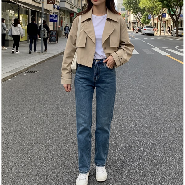 Look casual con cropped trench coat beige, jeans rectos y camiseta blanca