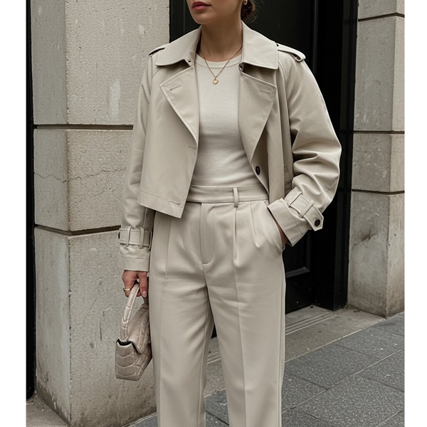 Total look monocromático en blanco con cropped trench coat minimalista