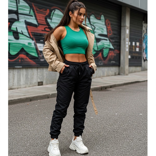 Outfit sporty chic con joggers, crop top, tenis chunky y trench corto