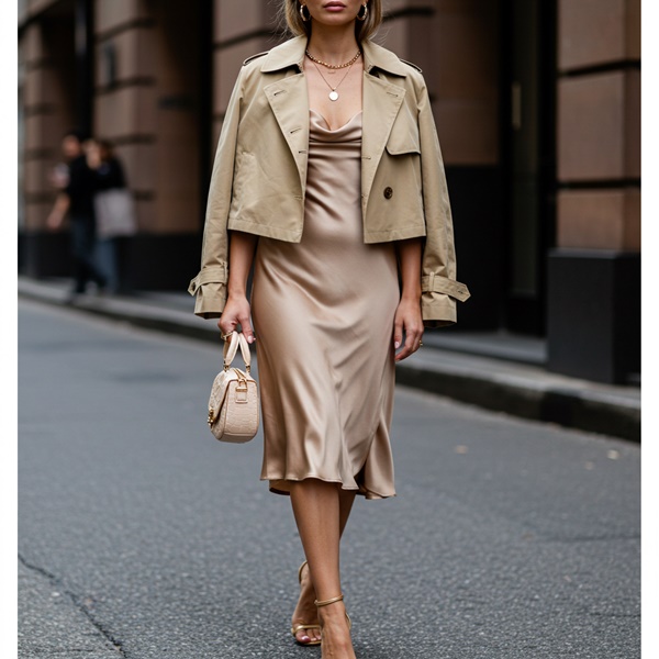 Vestido satinado lencero combinado con cropped trench coat en tono neutro