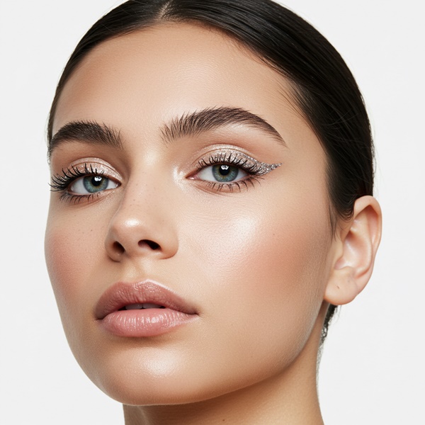 Delineado gráfico con glitter plateado para un look minimalista