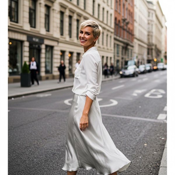 Falda midi y top plateado como prendas statement en un look de día