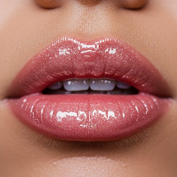 Labios con gloss escarchado y reflejos perlados