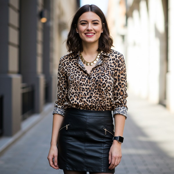 mujer con un look audaz con falda de cuero y blusa de animal print