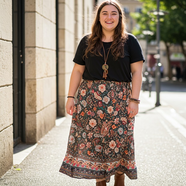 mujer con un look boho con maxi falda y accesorios étnicos