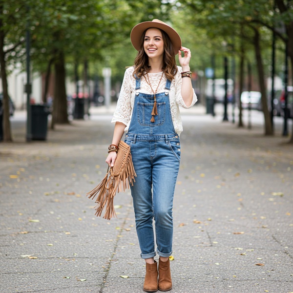 Estilo bohemio con overol de mezclilla claro, top de encaje y botines