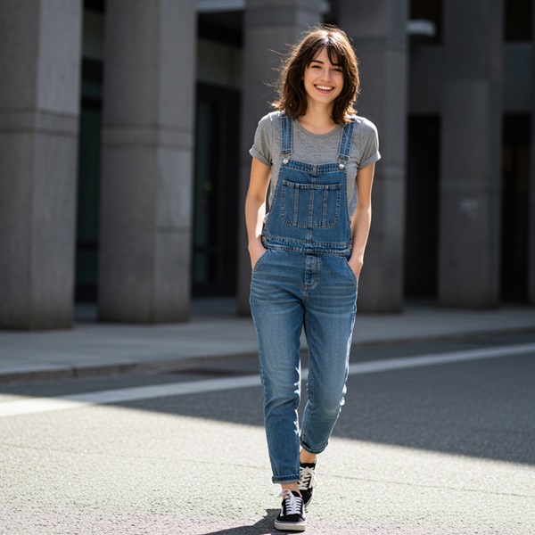 Overol de mezclilla combinado con camiseta blanca y sneakers, ideal para un look urbano