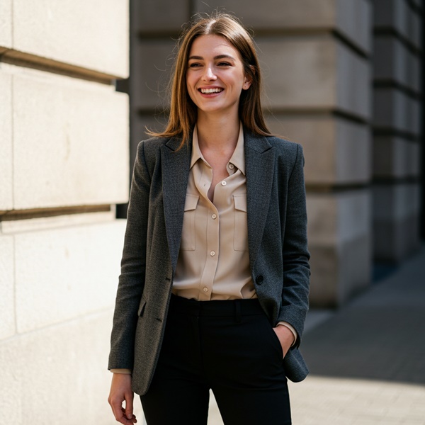 mujer sonriendo con un looks profesional con blazer, pantalón y camisa