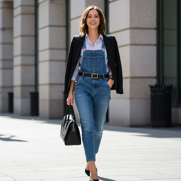Overol con camisa blanca y tacones, outfit sofisticado para una cita