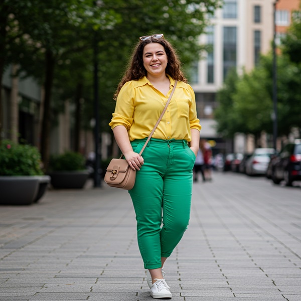 Pantalón verde intenso con blusa amarilla