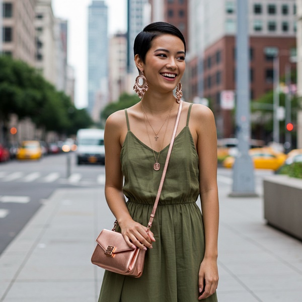 Outfit en tonos neutros con accesorios metálicos en rosa dorado