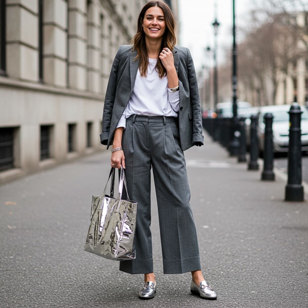 Look de oficina con accesorios metálicos discretos