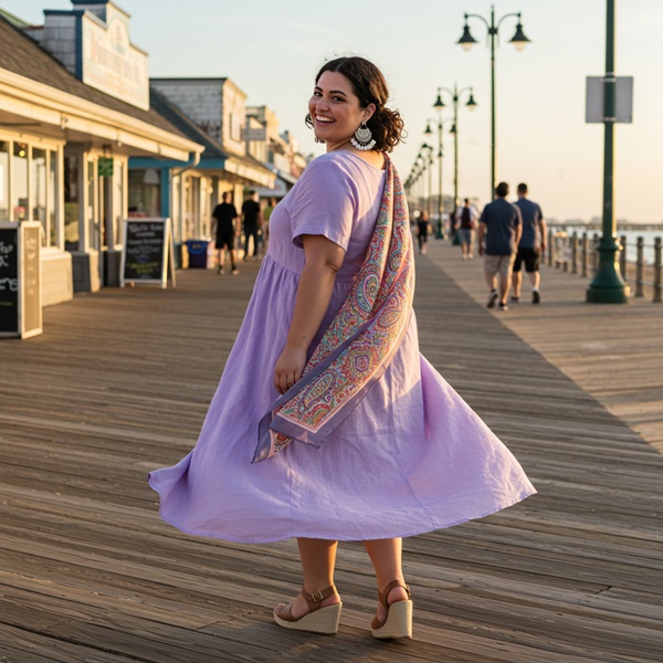 Mujer con vestido largo de lino y sandalias con cuña durante el atardecer