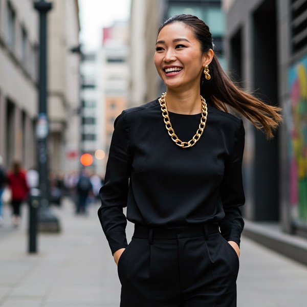 Mujer con outfit negro y accesorios dorados brillantes