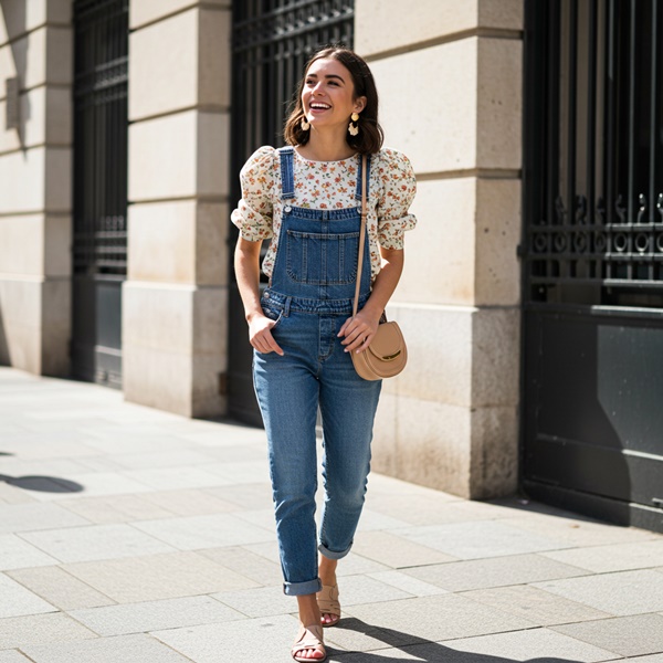 Mujer con overol de mezclilla y blusa de mangas abullonadas, look femenino y romántico