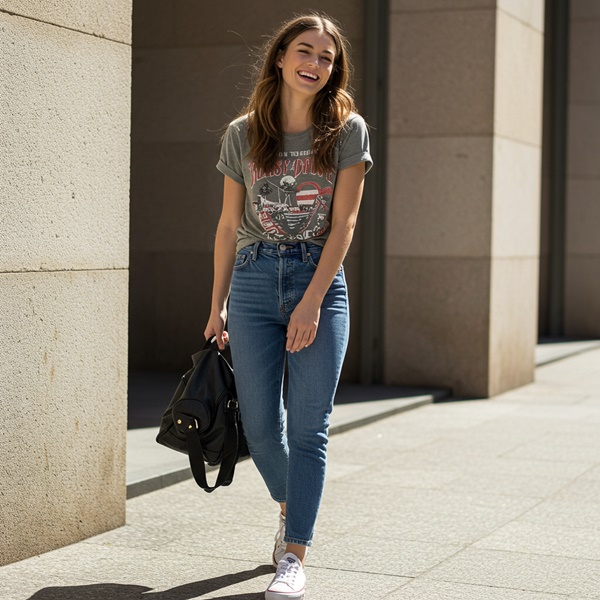 mujer con un look casual con jeans y camiseta