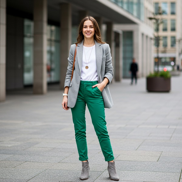 Pantalón verde intenso con blazer gris formal