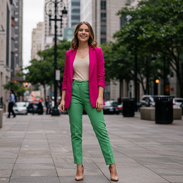 Pantalón verde intenso con blazer fucsia vibrante