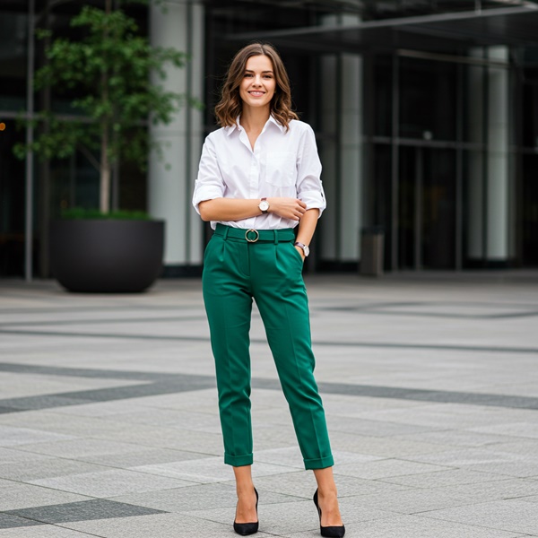 Outfit elegante con pantalón verde intenso y camisa blanca