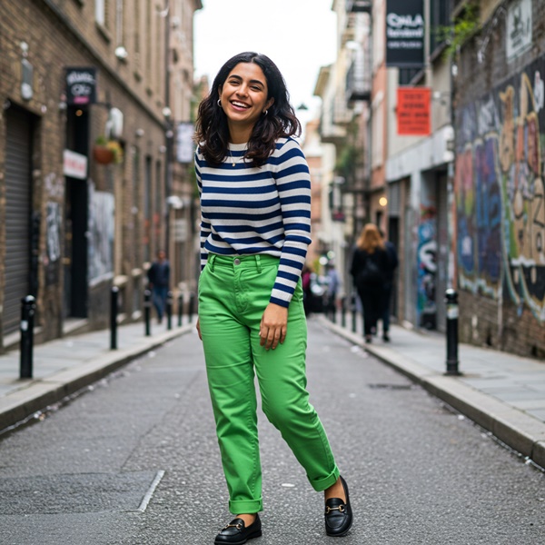 Pantalón verde intenso con top marinero de rayas