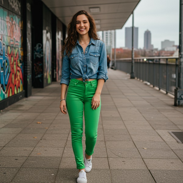 Pantalón verde intenso con camisa de mezclilla casual