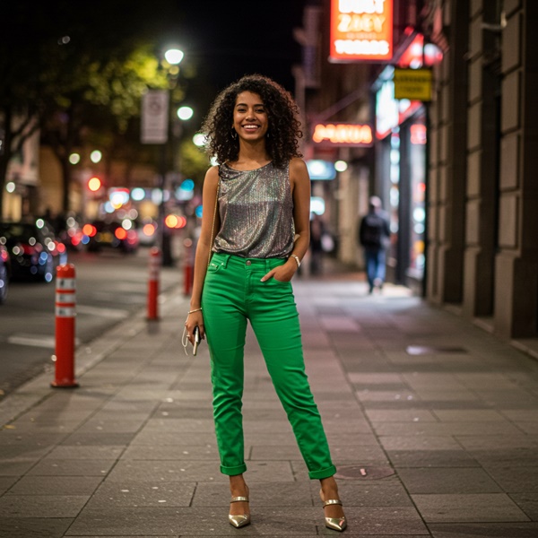 Outfit nocturno con pantalón verde y top metálico