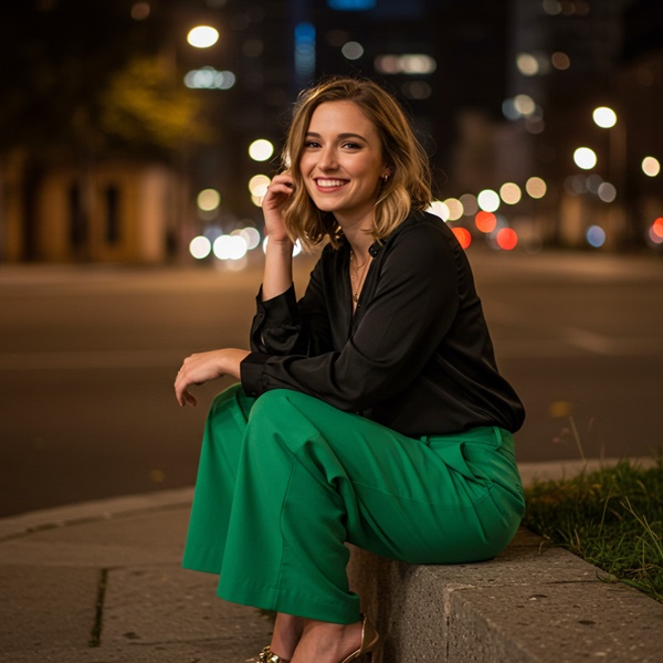 Pantalón verde intenso con top negro de noche