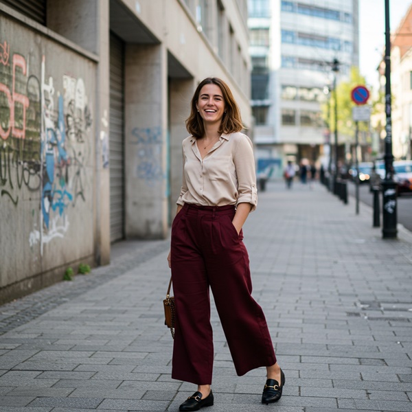 Pantalón color vino con blusa beige femenina