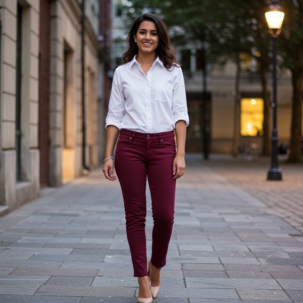 Pantalón color vino con blusa blanca clásica elegante