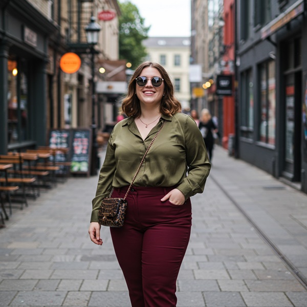 Mujer guapa con look sofisticado con pantalón color vino y blusa verde oliva