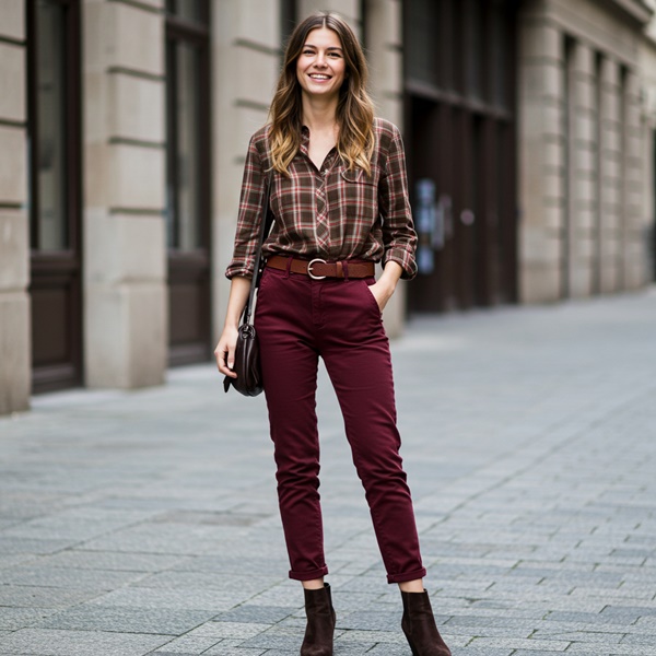 Loos casual con pantalón color vino con camisa de cuadros