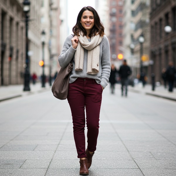 Pantalón color vino combinado con suéter gris chic