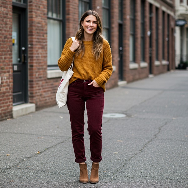 Look otoñal con pantalón color vino y suéter mostaza