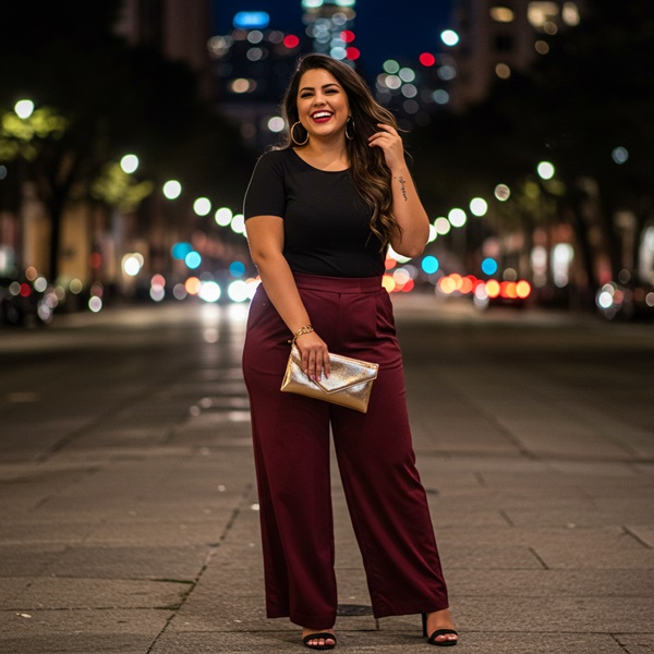 Look nocturno con pantalón color vino y top negro elegante