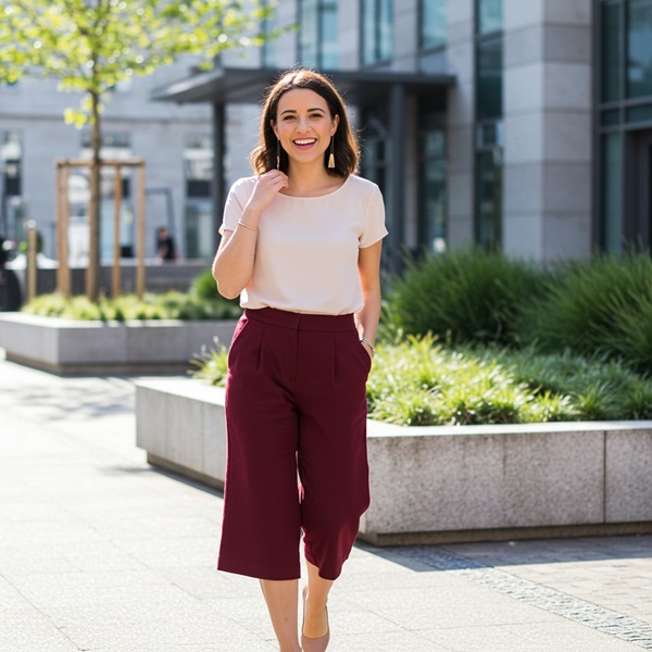 Look femenino con pantalón color vino y top rosa pálido