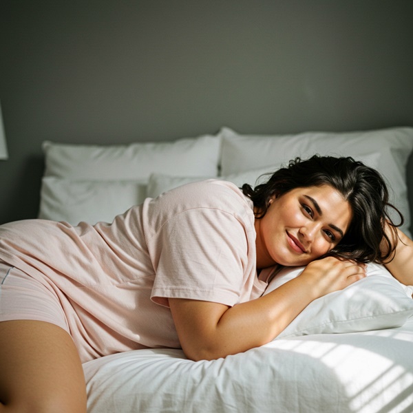 Mujer en pijama oversized abrazando una almohada en su habitación