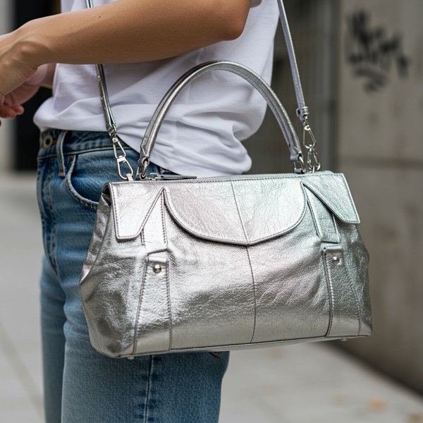 Bolso plateado como protagonista en un look casual de día