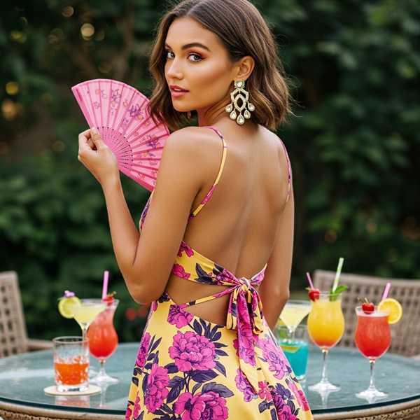 Vestido sin espalda con cortes laterales y amarre ajustable