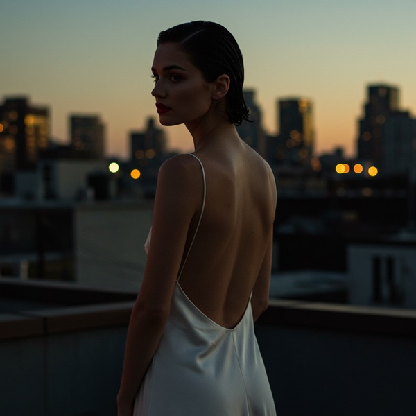 Vestido sin espalda estilo slip dress minimalista en color neutro