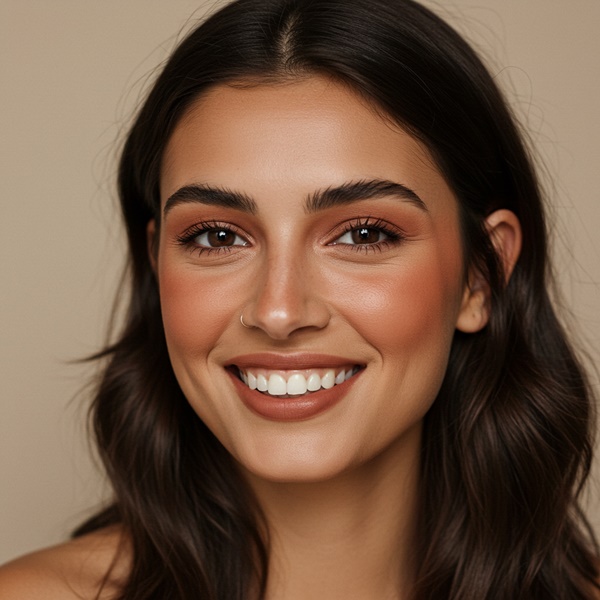 Blush terracota aplicado para un efecto bronceado saludable.