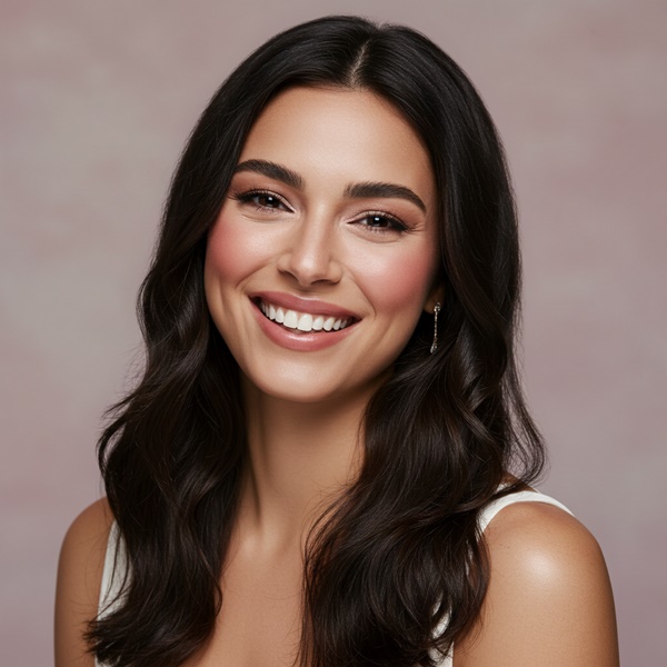 Maquillaje femenino con blush rosa aplicado en las mejillas