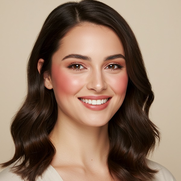 Blush carmín aplicado en forma de C para un look sensual.