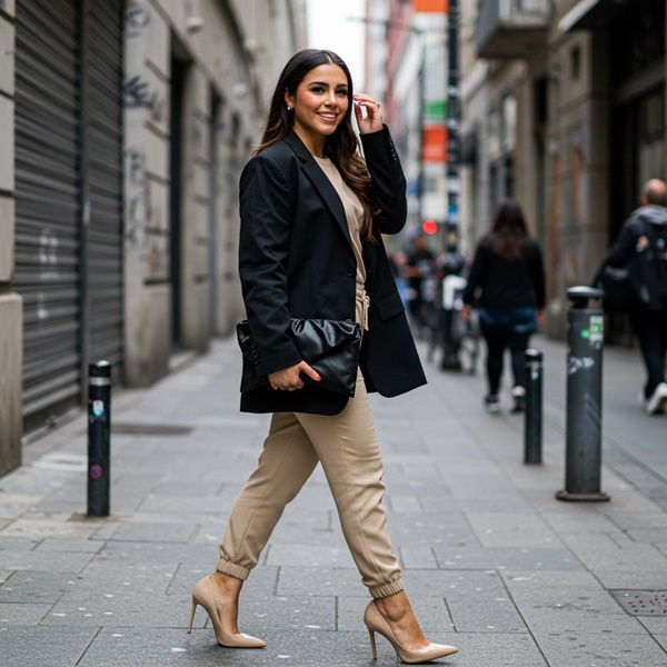 Joggers combinados con blazer oversized y stilettos para un look elegante