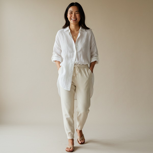Joggers rectos con camisa blanca oversize y accesorios dorados chic