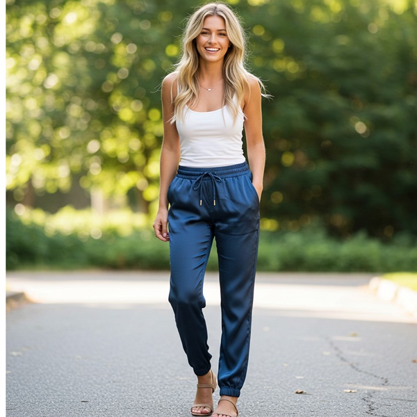 Outfit con joggers satinados, top minimalista y sandalias de tiras