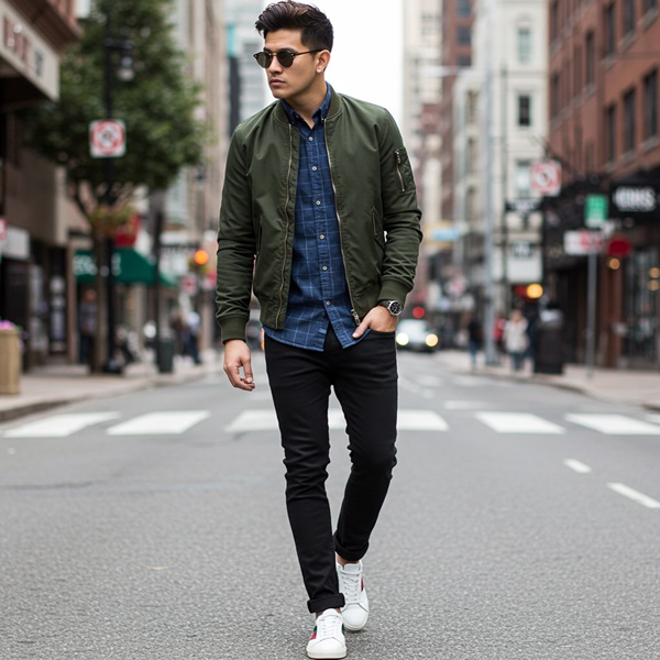 Hombre con camisa de cuadros debajo de chaqueta denim, pantalones slim fit y tenis